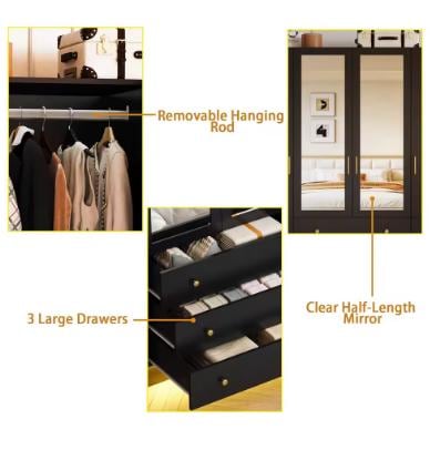 75” Tall Wardrobe Closet with 4 Doors, 3 Drawers, Modern Armoire with Mirror & LED Lights, Wooden Armoire Wardrobe Customized