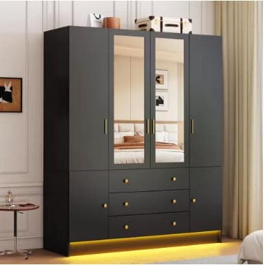 75” Tall Wardrobe Closet with 4 Doors, 3 Drawers, Modern Armoire with Mirror & LED Lights, Wooden Armoire Wardrobe Customized