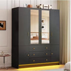 75” Tall Wardrobe Closet with 4 Doors, 3 Drawers, Modern Armoire with Mirror & LED Lights, Wooden Armoire Wardrobe Customized