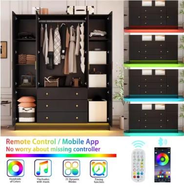 75” Tall Wardrobe Closet with 4 Doors, 3 Drawers, Modern Armoire with Mirror & LED Lights, Wooden Armoire Wardrobe Customized