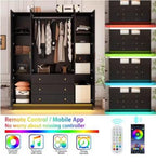 75” Tall Wardrobe Closet with 4 Doors, 3 Drawers, Modern Armoire with Mirror & LED Lights, Wooden Armoire Wardrobe Customized