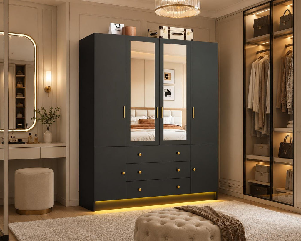 75” Tall Wardrobe Closet with 4 Doors, 3 Drawers, Modern Armoire with Mirror & LED Lights, Wooden Armoire Wardrobe Customized