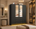 75” Tall Wardrobe Closet with 4 Doors, 3 Drawers, Modern Armoire with Mirror & LED Lights, Wooden Armoire Wardrobe Customized