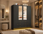 75” Tall Wardrobe Closet with 4 Doors, 3 Drawers, Modern Armoire with Mirror & LED Lights, Wooden Armoire Wardrobe Customized