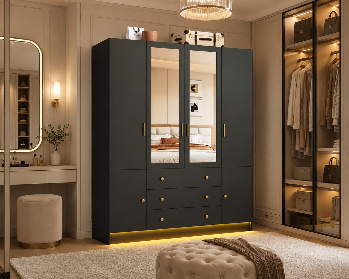 75” Tall Wardrobe Closet with 4 Doors, 3 Drawers, Modern Armoire with Mirror & LED Lights, Wooden Armoire Wardrobe Customized