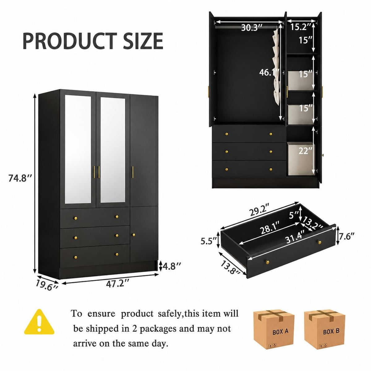 Black Armoire Wardrobe with Mirror, RGB LED Lights, 3 Doors, Drawers
