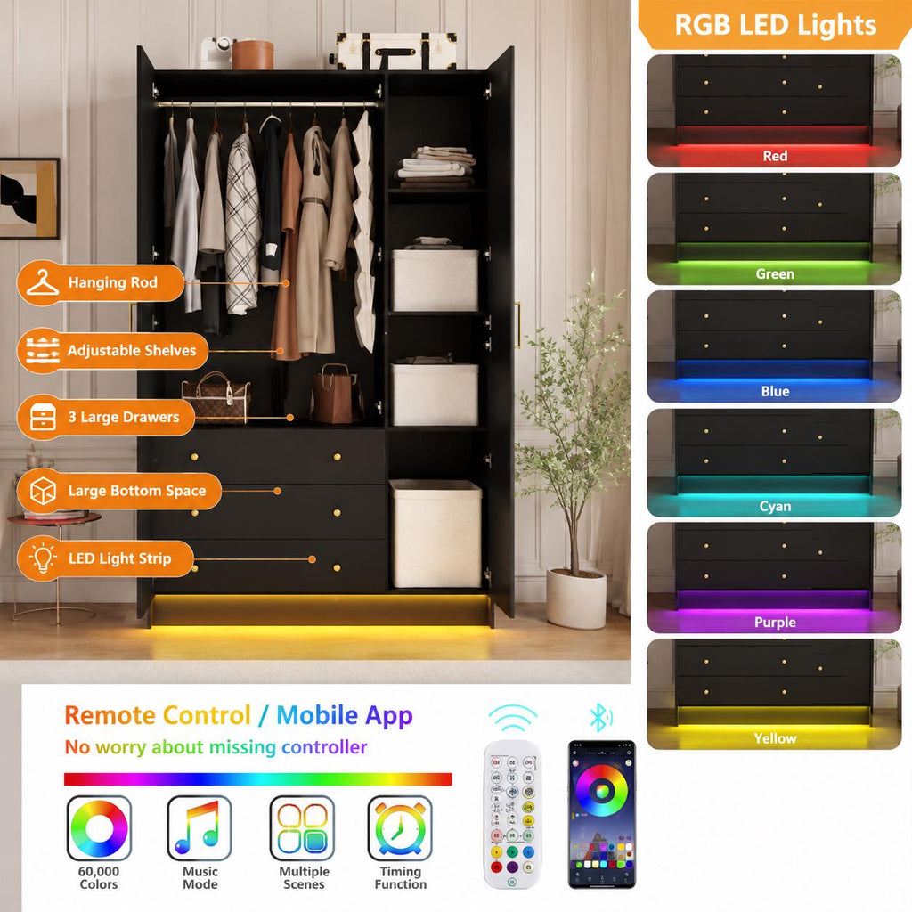 Black Armoire Wardrobe with Mirror, RGB LED Lights, 3 Doors, Drawers