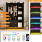 Black Armoire Wardrobe with Mirror, RGB LED Lights, 3 Doors, Drawers