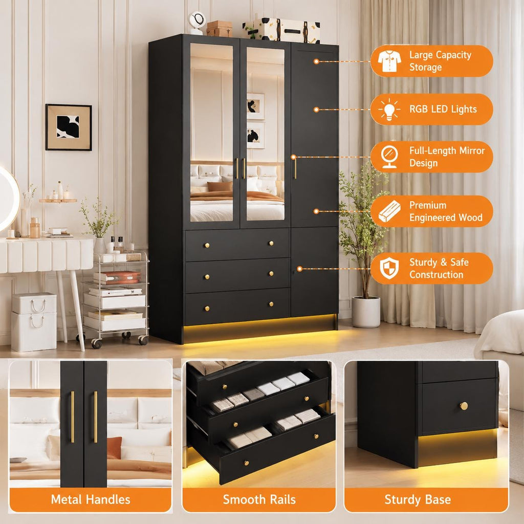 Black Armoire Wardrobe with Mirror, RGB LED Lights, 3 Doors, Drawers