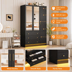 Black Armoire Wardrobe with Mirror, RGB LED Lights, 3 Doors, Drawers