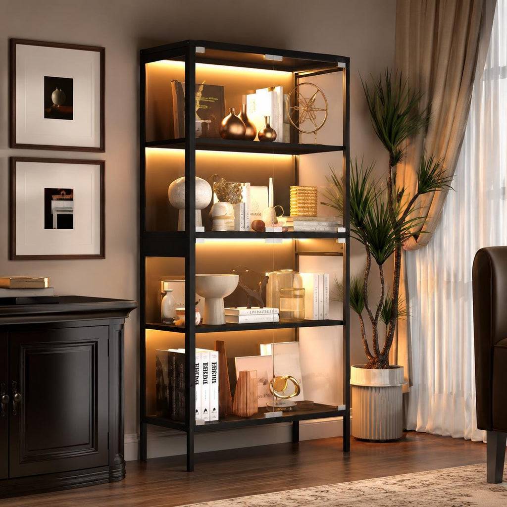 Black Glass Display Cabinet, 4 Tier Curio Showcase, RGB LED Motion Sensor Lighting