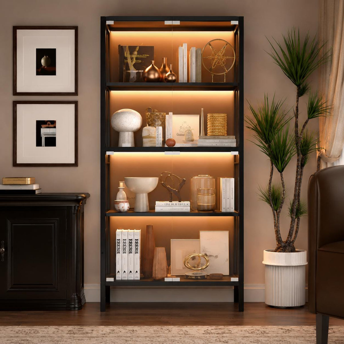 Black Glass Display Cabinet, 4 Tier Curio Showcase, RGB LED Motion Sensor Lighting