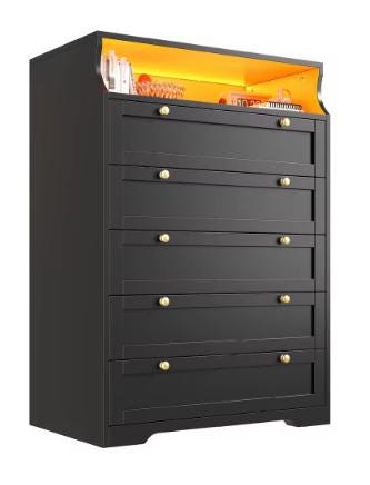 EnHomee Tall 5 Drawer Dresser with LED Lights and 2 Shelves for Bedroom Hallway or Entryway