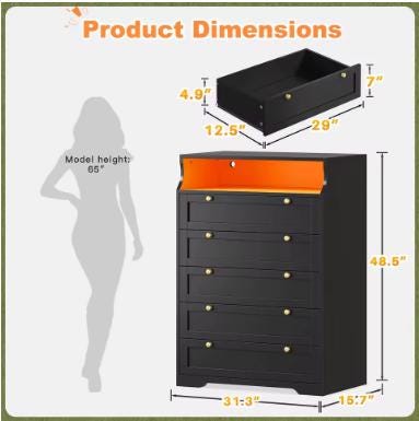 EnHomee Tall 5 Drawer Dresser with LED Lights and 2 Shelves for Bedroom Hallway or Entryway
