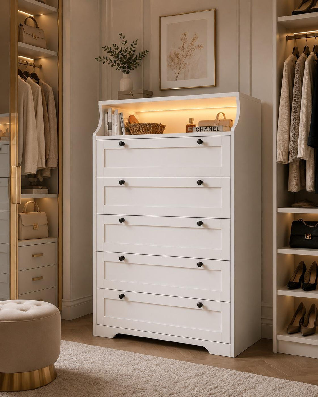 EnHomee Tall 5 Drawer Dresser with LED Lights and 2 Shelves for Bedroom Hallway or Entryway