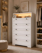 EnHomee Tall 5 Drawer Dresser with LED Lights and 2 Shelves for Bedroom Hallway or Entryway