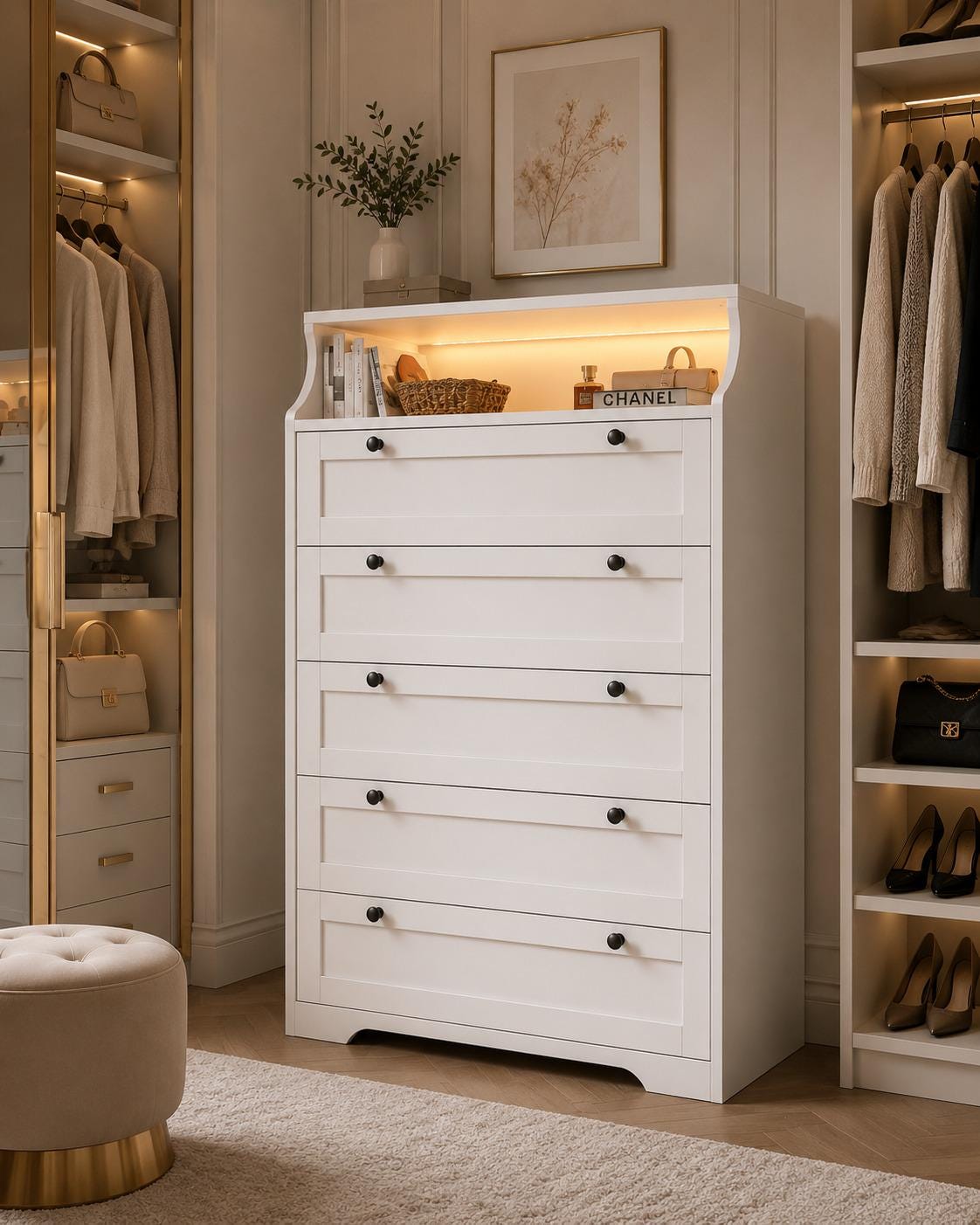 EnHomee Tall 5 Drawer Dresser with LED Lights and 2 Shelves for Bedroom Hallway or Entryway