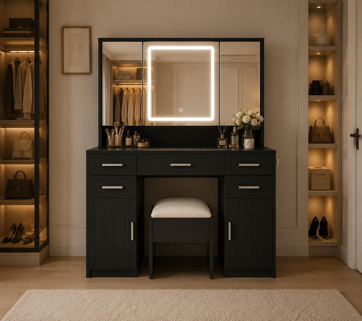 Black Makeup Vanity Set with Tri-Fold Mirror and Lighting, Modern Style Storage