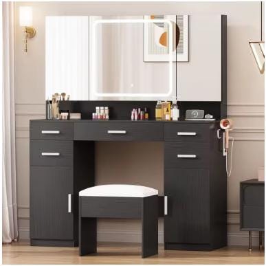 Black Makeup Vanity Set with Tri-Fold Mirror and Lighting, Modern Style Storage