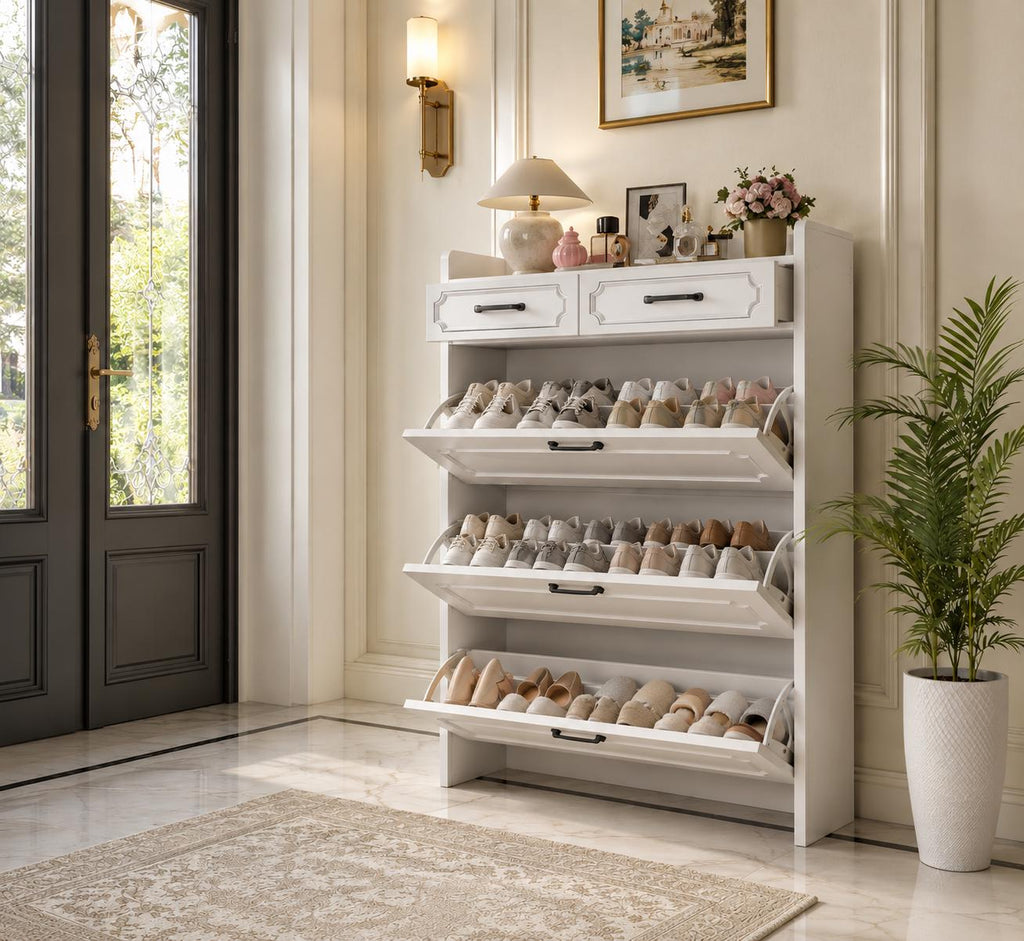 Slim Shoe Cabinet, 3 Flip Drawers, 2 Storage Drawers, White Entryway Organizer