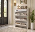 Slim Shoe Cabinet, 3 Flip Drawers, 2 Storage Drawers, White Entryway Organizer
