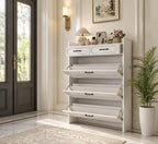 Slim Shoe Cabinet, 3 Flip Drawers, 2 Storage Drawers, White Entryway Organizer