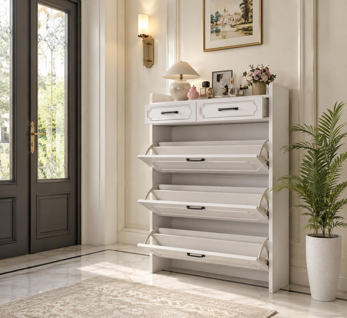 Slim Shoe Cabinet, 3 Flip Drawers, 2 Storage Drawers, White Entryway Organizer