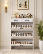 Slim Shoe Cabinet, 3 Flip Drawers, 2 Storage Drawers, White Entryway Organizer