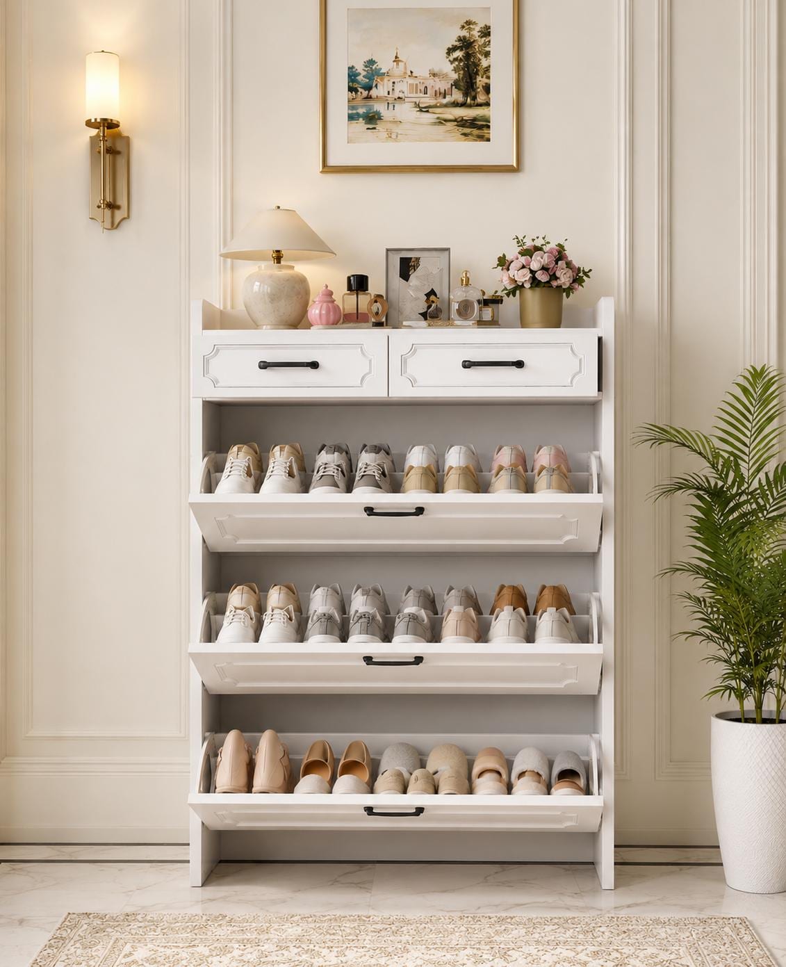 Slim Shoe Cabinet, 3 Flip Drawers, 2 Storage Drawers, White Entryway Organizer