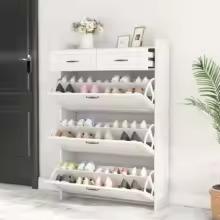 Slim Shoe Cabinet, 3 Flip Drawers, 2 Storage Drawers, White Entryway Organizer