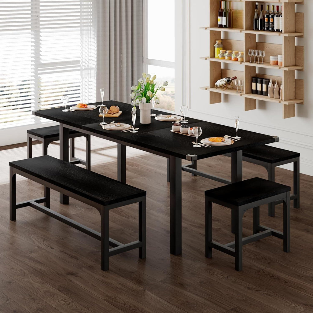 Feonase 5-Piece Extendable Dining Table Set for 4-8 People, 63" Kitchen Table with 2 Benches & 2 Stools, Black