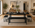 Feonase 5-Piece Extendable Dining Table Set for 4-8 People, 63" Kitchen Table with 2 Benches & 2 Stools, Black