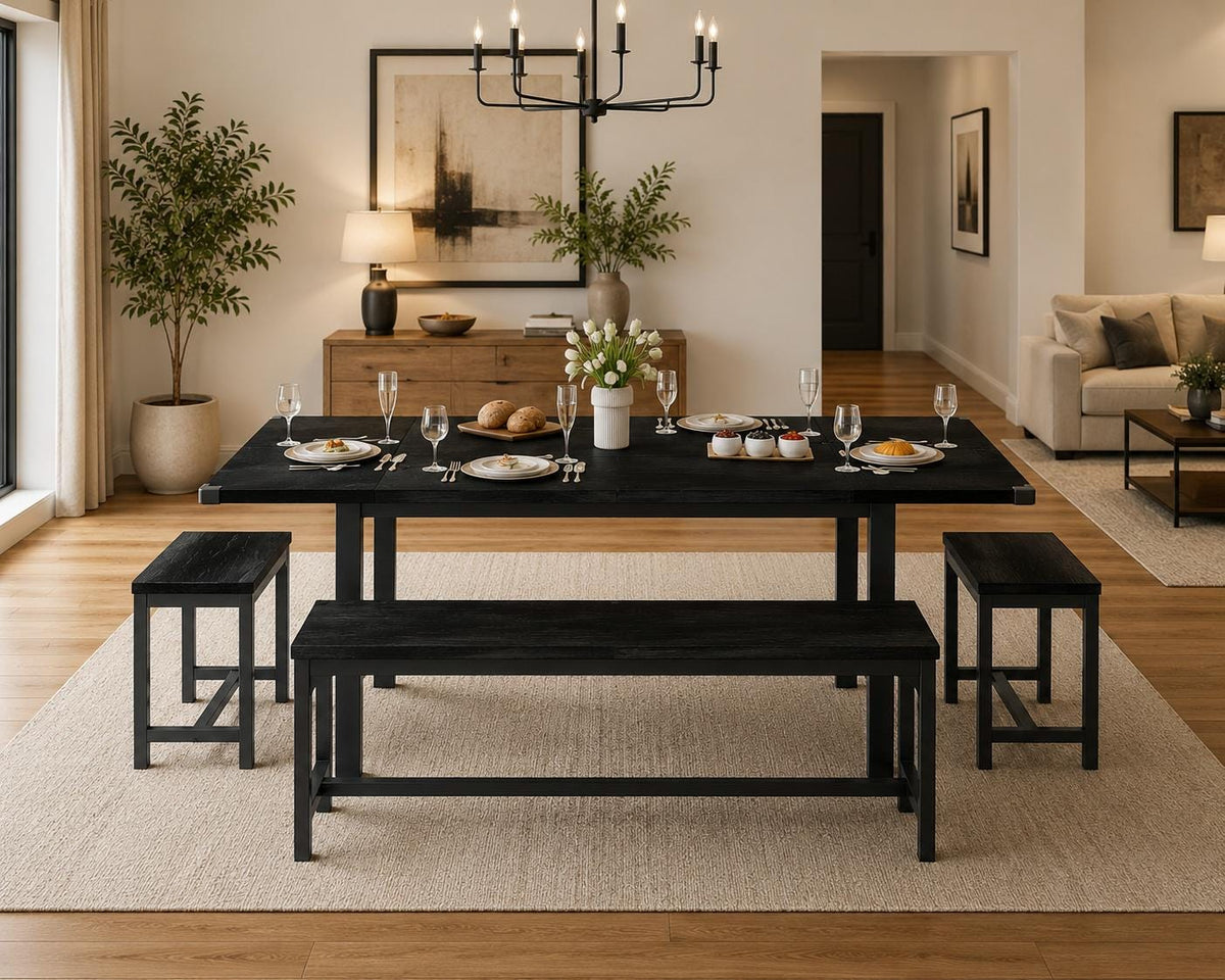 Feonase 5-Piece Extendable Dining Table Set for 4-8 People, 63" Kitchen Table with 2 Benches & 2 Stools, Black