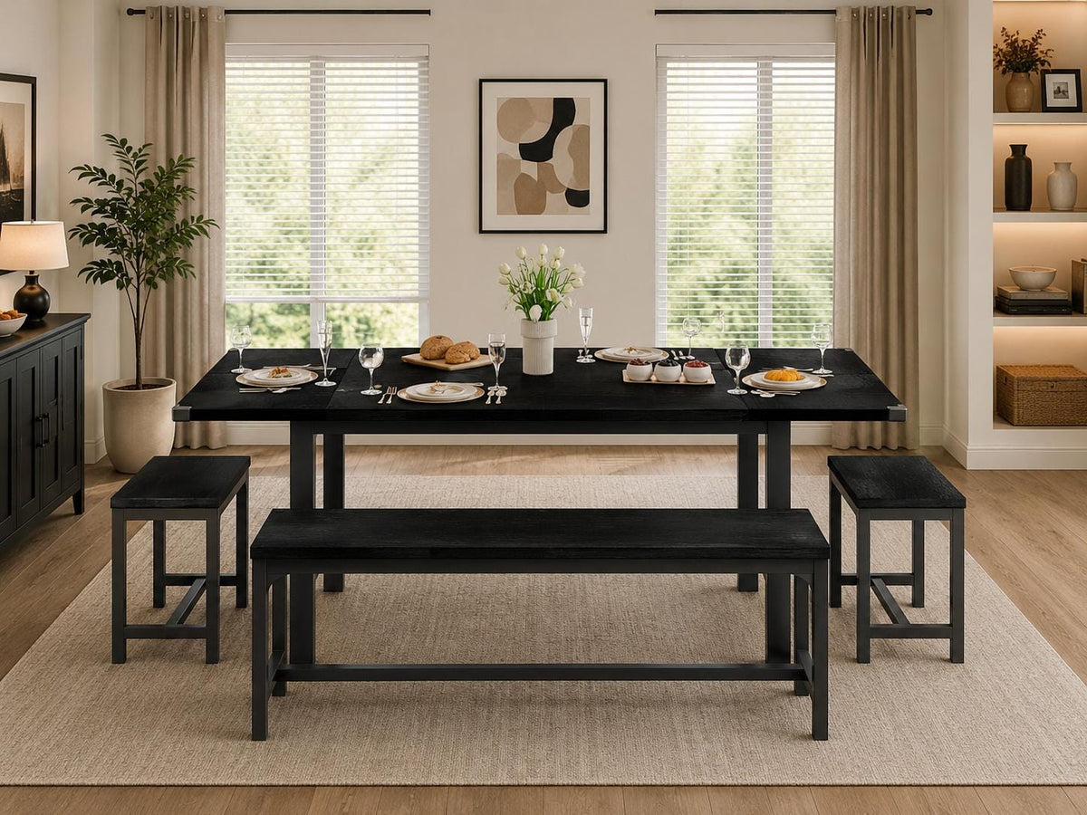 Feonase 5-Piece Extendable Dining Table Set for 4-8 People, 63" Kitchen Table with 2 Benches & 2 Stools, Black