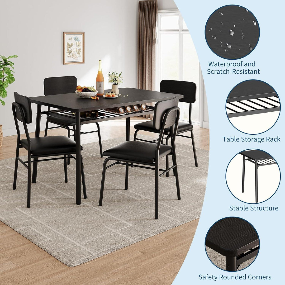 GarveeHome 5-Piece Dining Table Set for 4, Kitchen Table with Storage Rack & 4 Upholstered Chairs, Wood Top, Metal Frame, Black