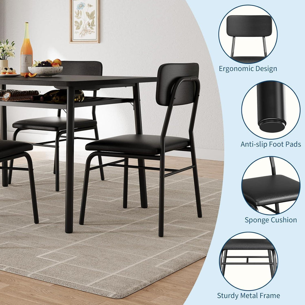 GarveeHome 5-Piece Dining Table Set for 4, Kitchen Table with Storage Rack & 4 Upholstered Chairs, Wood Top, Metal Frame, Black