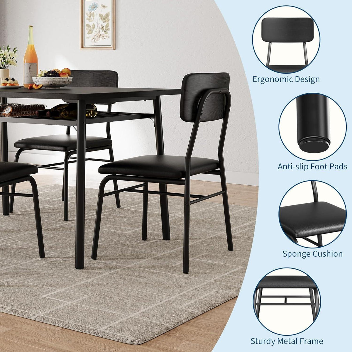 GarveeHome 5-Piece Dining Table Set for 4, Kitchen Table with Storage Rack & 4 Upholstered Chairs, Wood Top, Metal Frame, Black