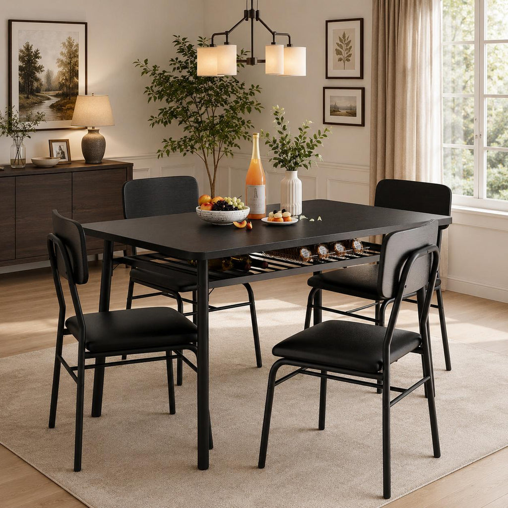 GarveeHome 5-Piece Dining Table Set for 4, Kitchen Table with Storage Rack & 4 Upholstered Chairs, Wood Top, Metal Frame, Black
