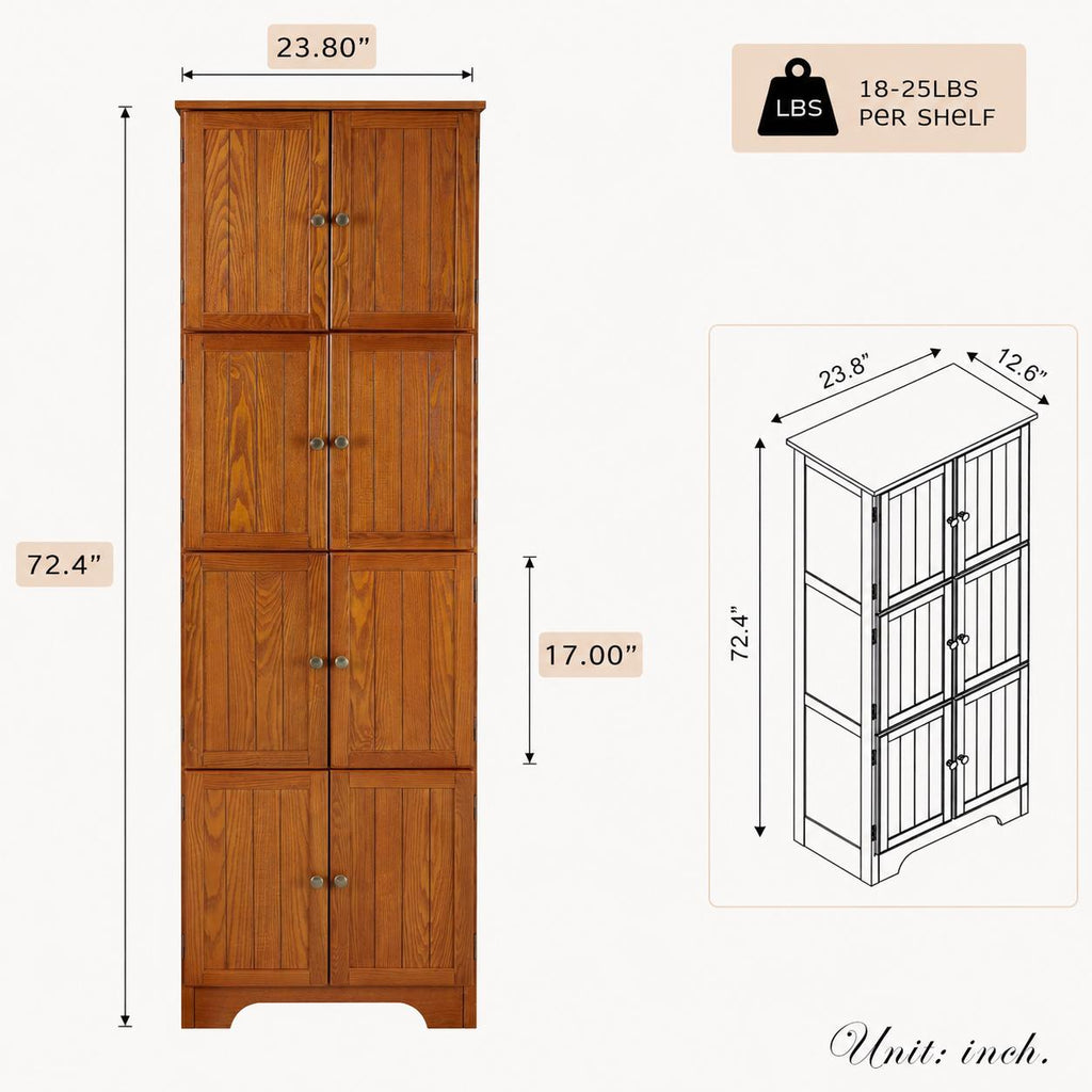 Farmhouse Tall Storage Cabinet with 8 Doors – 72"Pantry Cabinet, 4 Adjustable Shelves, Freestanding Storage Organizer for Kitchen,