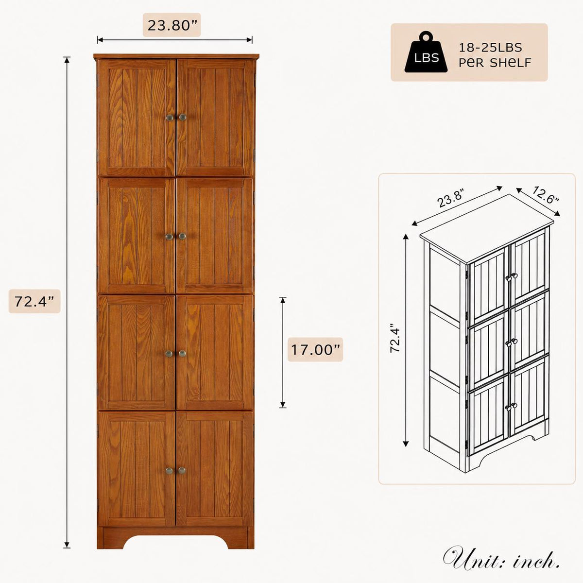 Farmhouse Tall Storage Cabinet with 8 Doors – 72"Pantry Cabinet, 4 Adjustable Shelves, Freestanding Storage Organizer for Kitchen,