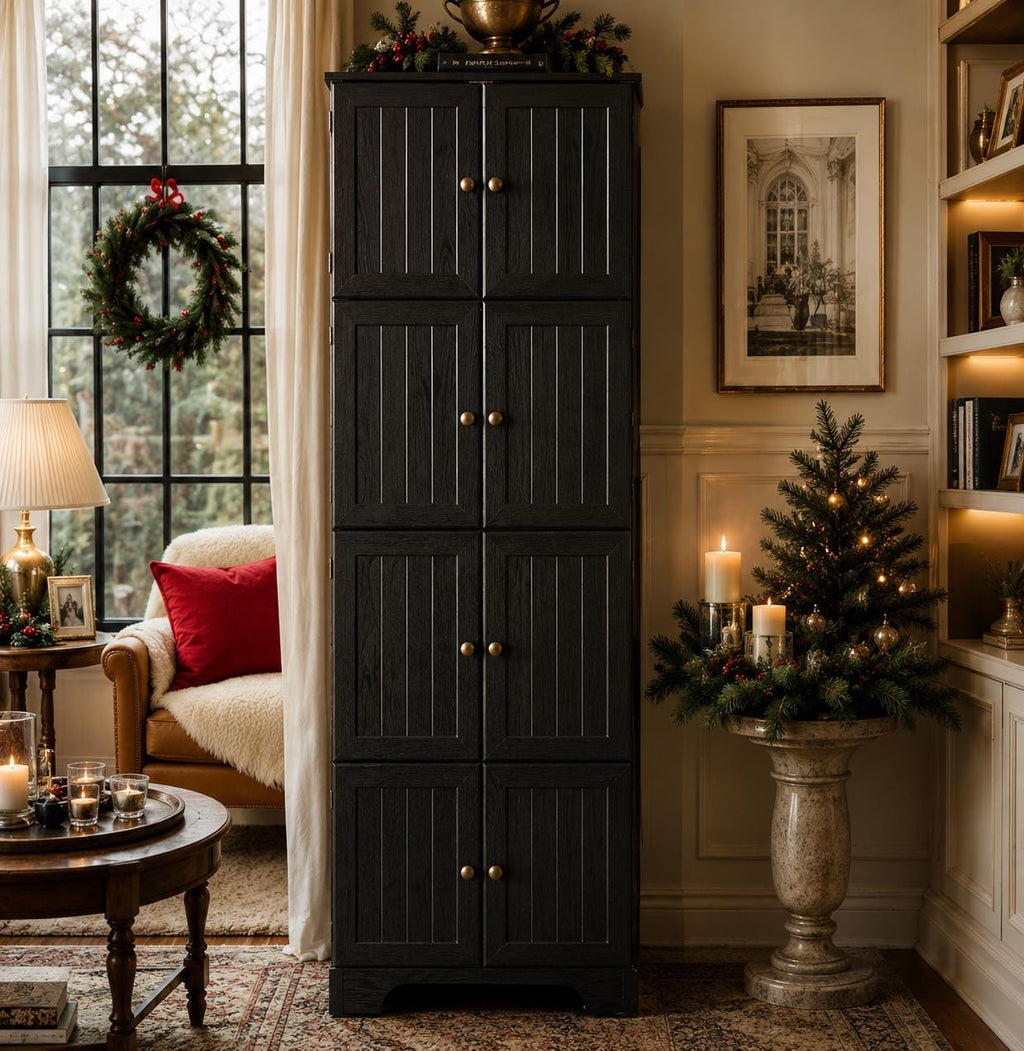 Farmhouse Tall Storage Cabinet with 8 Doors – 72"Pantry Cabinet, 4 Adjustable Shelves, Freestanding Storage Organizer for Kitchen,