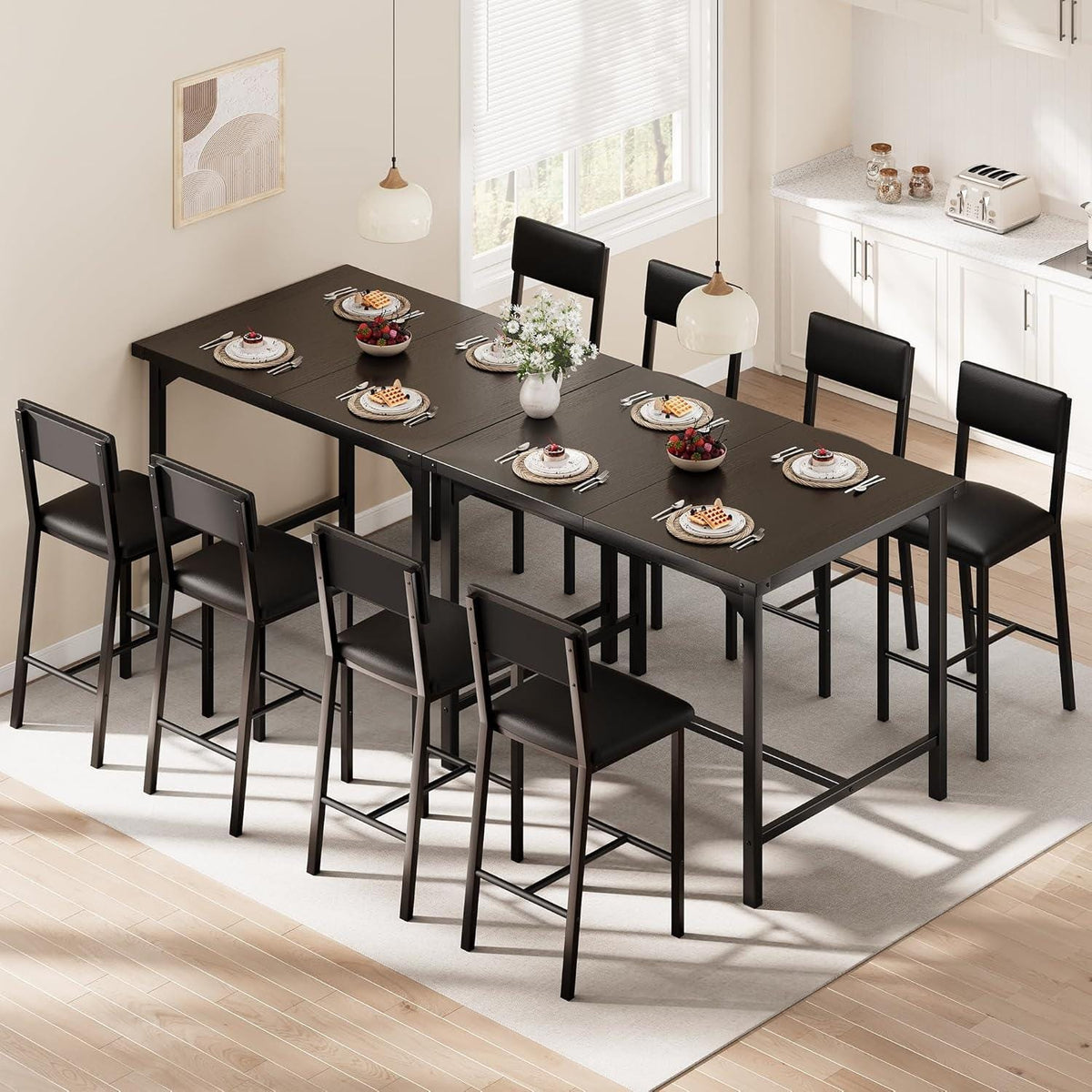 IDEALHOUSE 5-Piece Counter Height Dining Set for 4, Table with Footrest & Corner Protectors, 4 Upholstered Bar Stools, Rustic Black