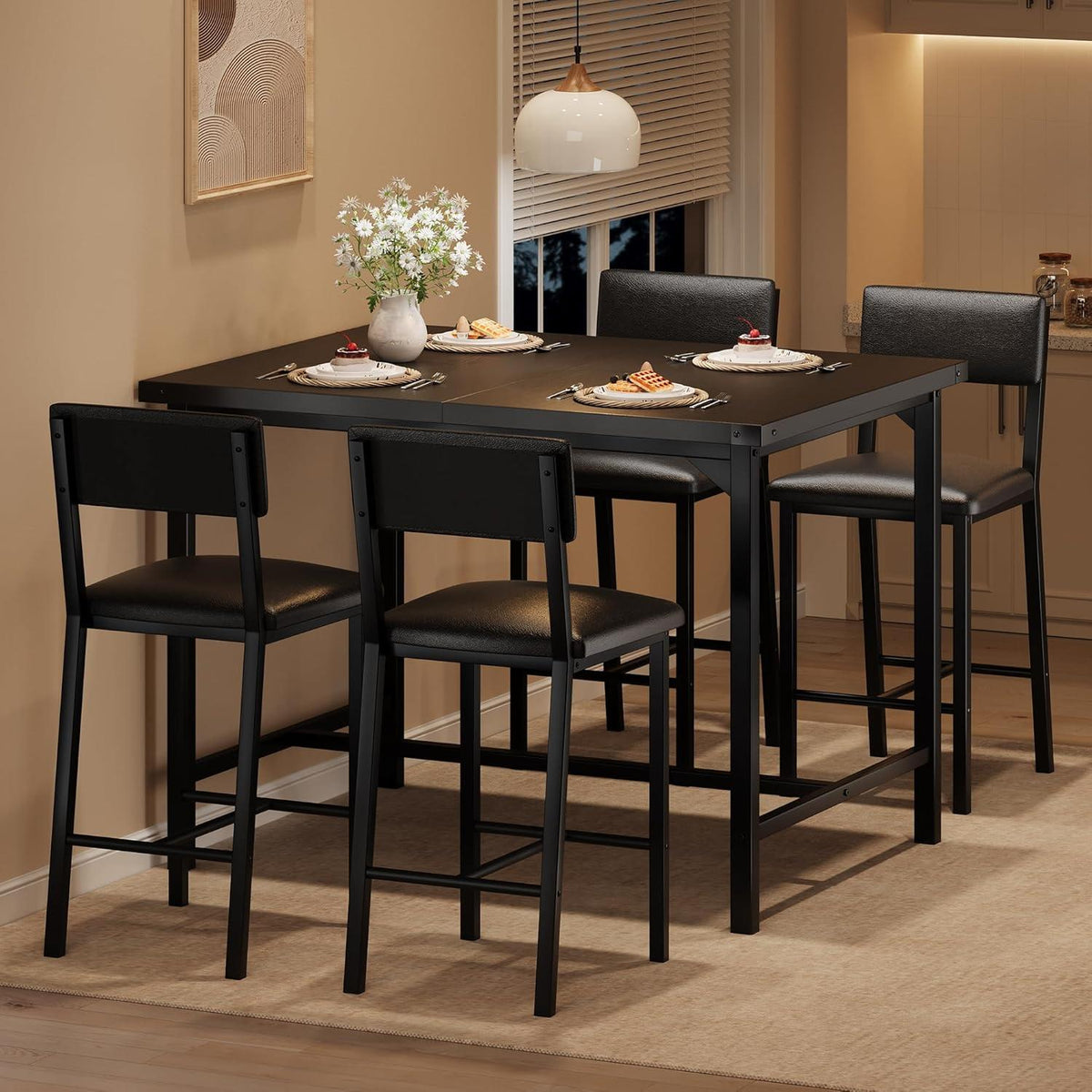 IDEALHOUSE 5-Piece Counter Height Dining Set for 4, Table with Footrest & Corner Protectors, 4 Upholstered Bar Stools, Rustic Black