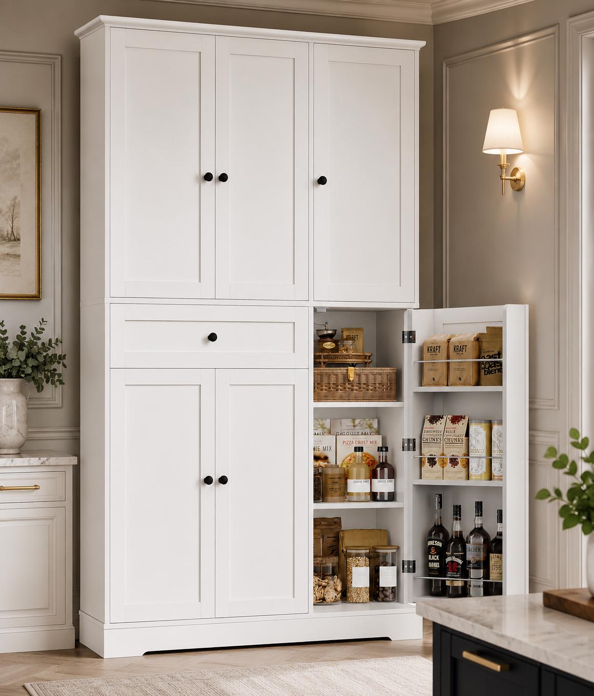68” Tall Kitchen Pantry Cabinet with Drawer | White Freestanding Storage Cabinet with Doors & Shelves | Modern Kitchen Hutch Organizer