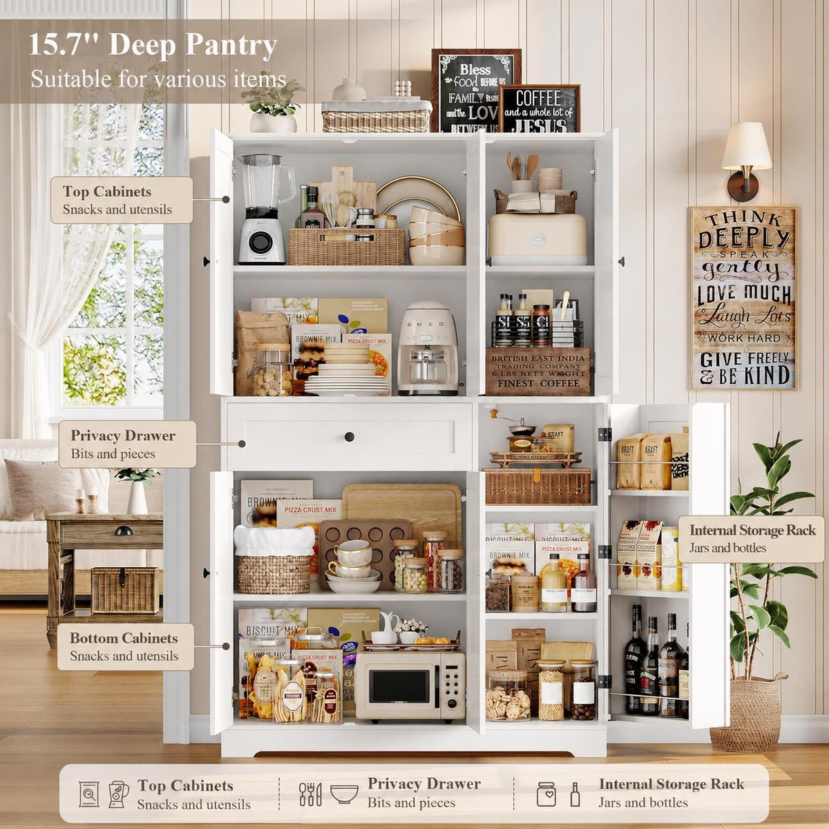68” Tall Kitchen Pantry Cabinet with Drawer | White Freestanding Storage Cabinet with Doors & Shelves | Modern Kitchen Hutch Organizer