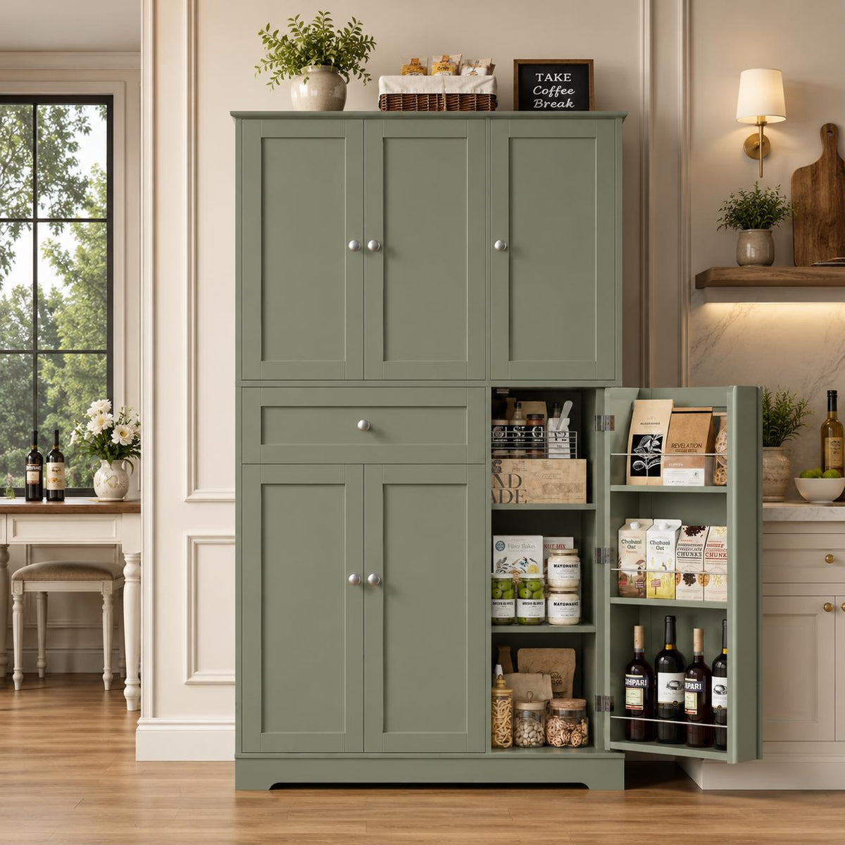 68” Tall Kitchen Pantry Cabinet with Drawer | White Freestanding Storage Cabinet with Doors & Shelves | Modern Kitchen Hutch Organizer