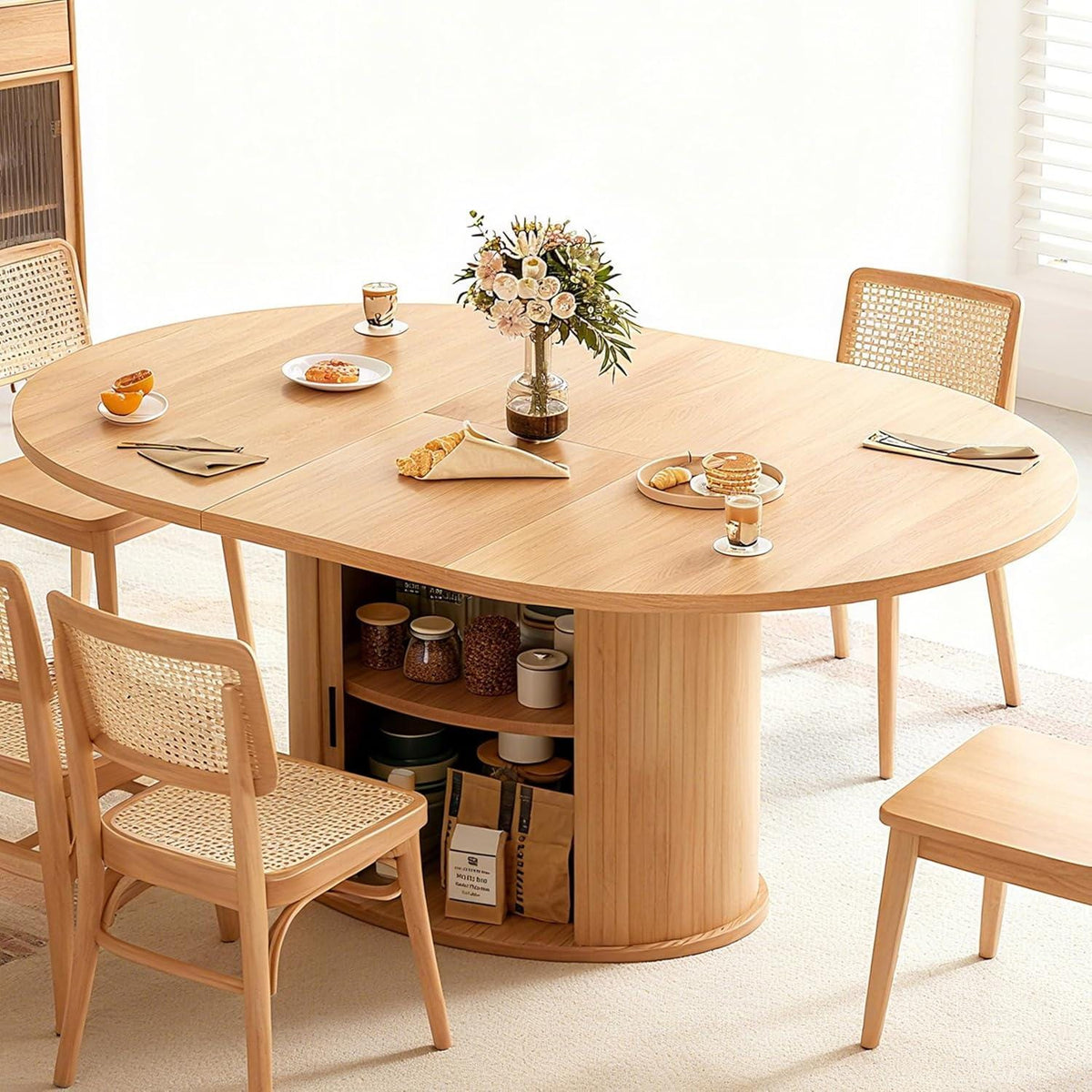 Wildhome 63" Extendable Round Dining Table for 2-6, Farmhouse Oval Table with 2-Tier Storage Shelf & Sliding Door, Oak
