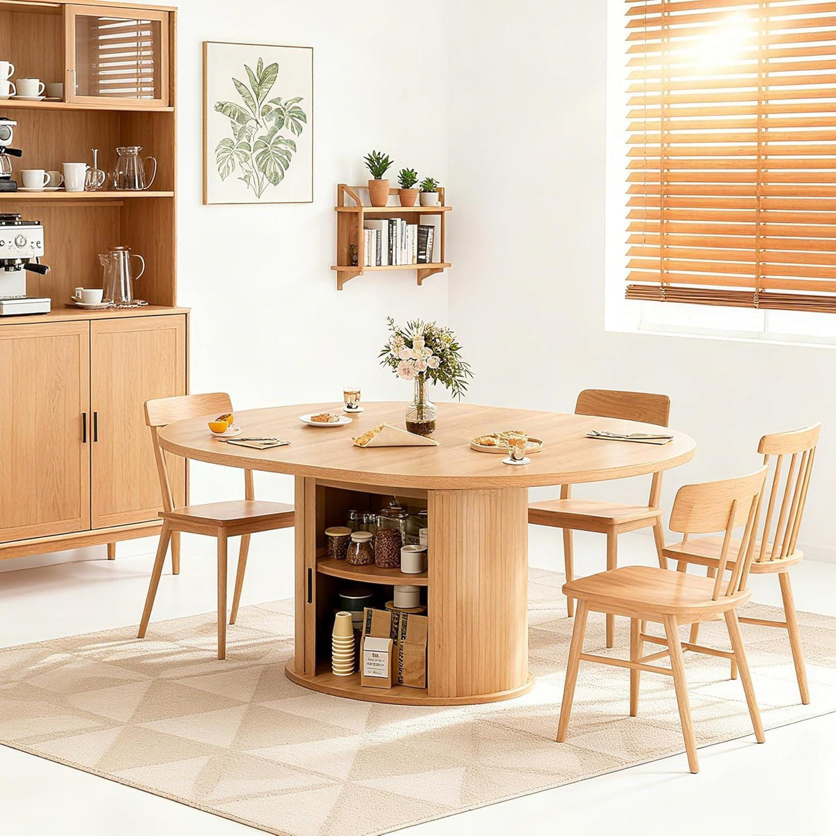 Wildhome 63" Extendable Round Dining Table for 2-6, Farmhouse Oval Table with 2-Tier Storage Shelf & Sliding Door, Oak