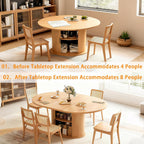 Wildhome 63" Extendable Round Dining Table for 2-6, Farmhouse Oval Table with 2-Tier Storage Shelf & Sliding Door, Oak