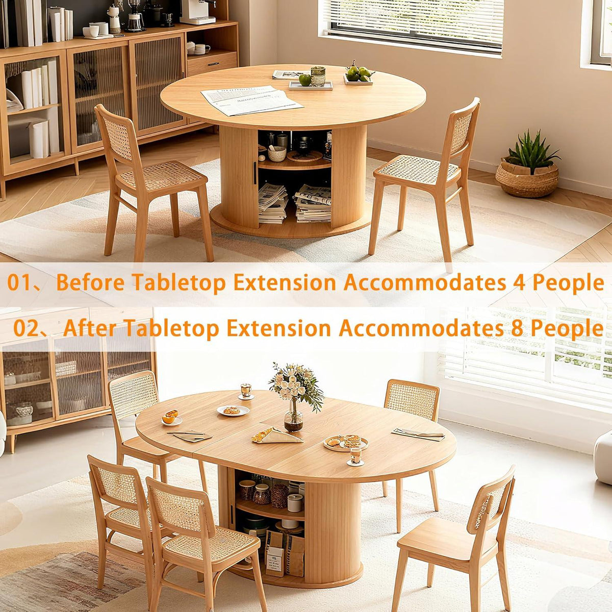 Wildhome 63" Extendable Round Dining Table for 2-6, Farmhouse Oval Table with 2-Tier Storage Shelf & Sliding Door, Oak